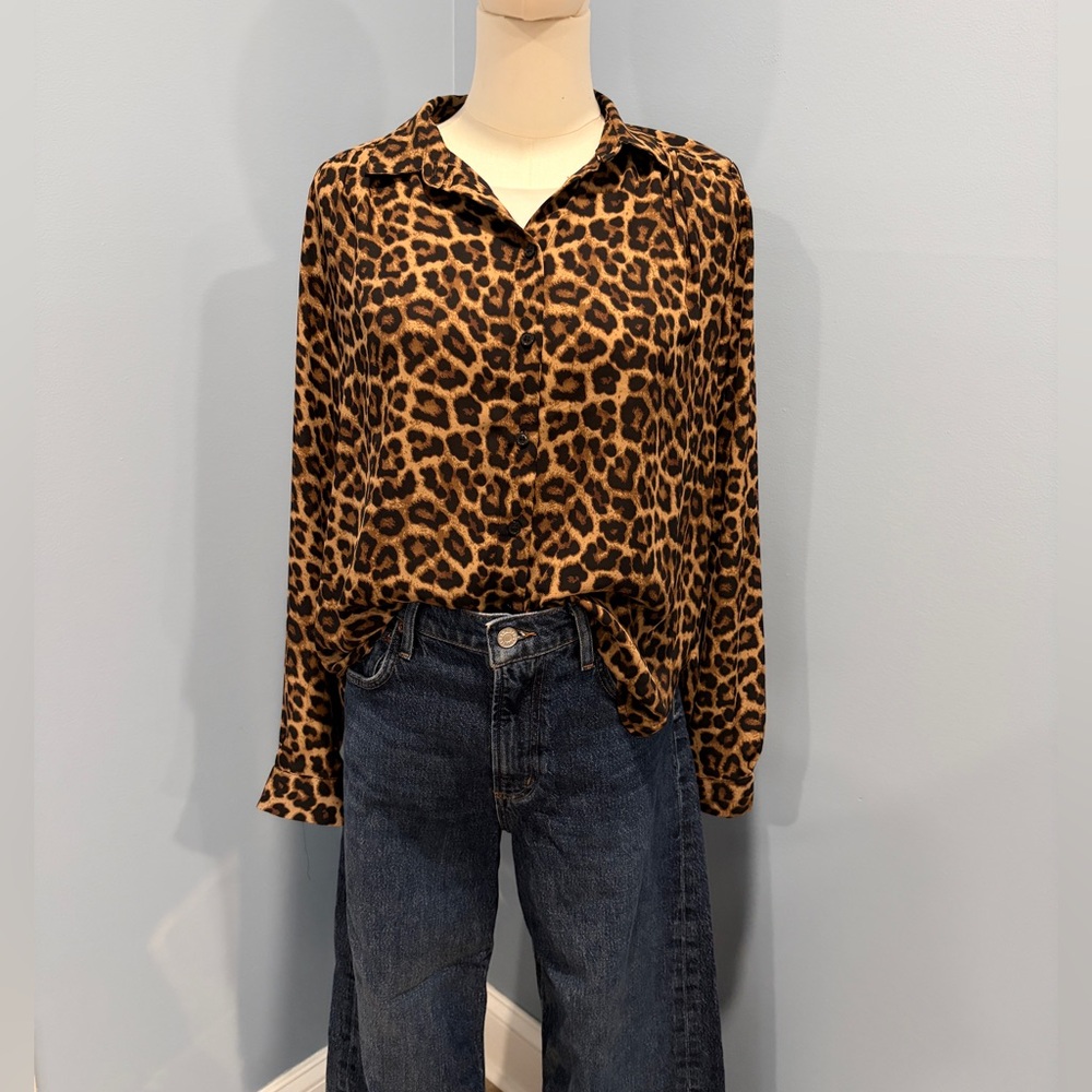 H&M Sheer Leopard Print Button Down Blouse Print Long Sleeve Shirt Small